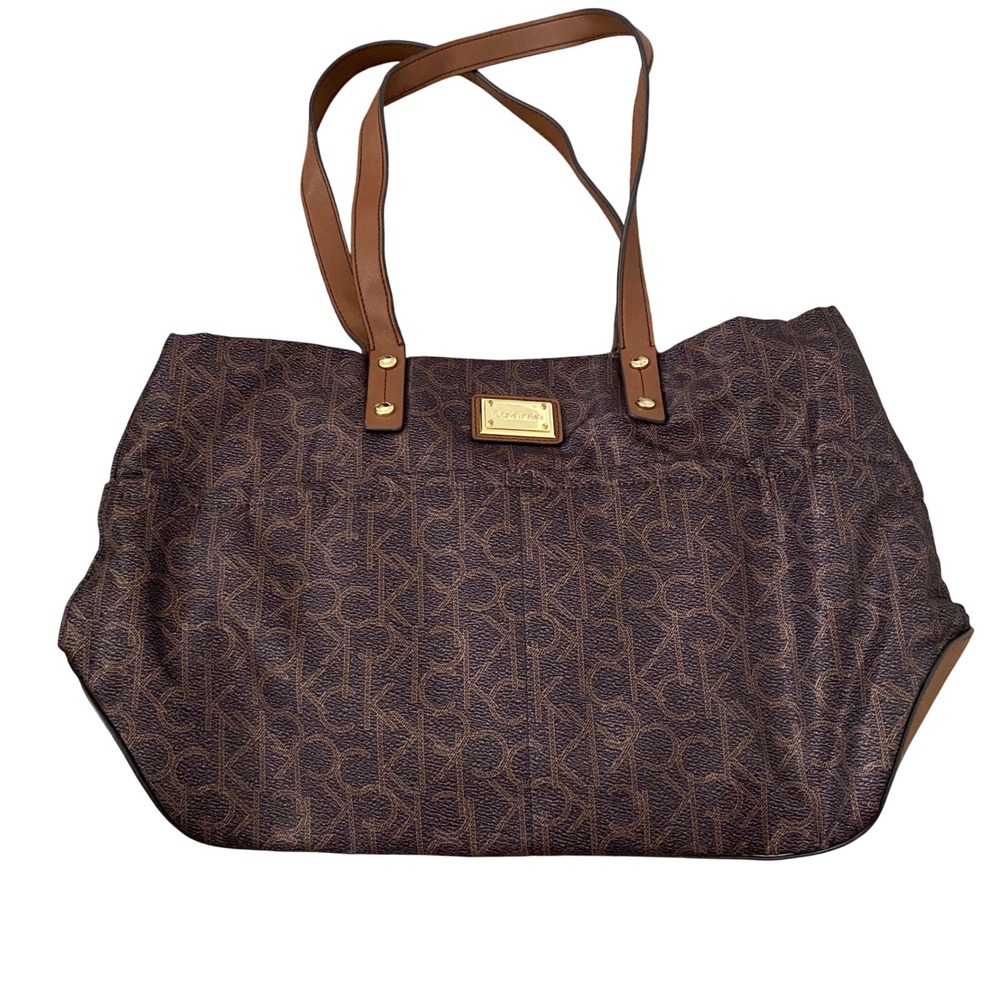 Calvin Klein Monogram Logo Tote Bag Brown Tan Gold Hardware Shoulder Bag